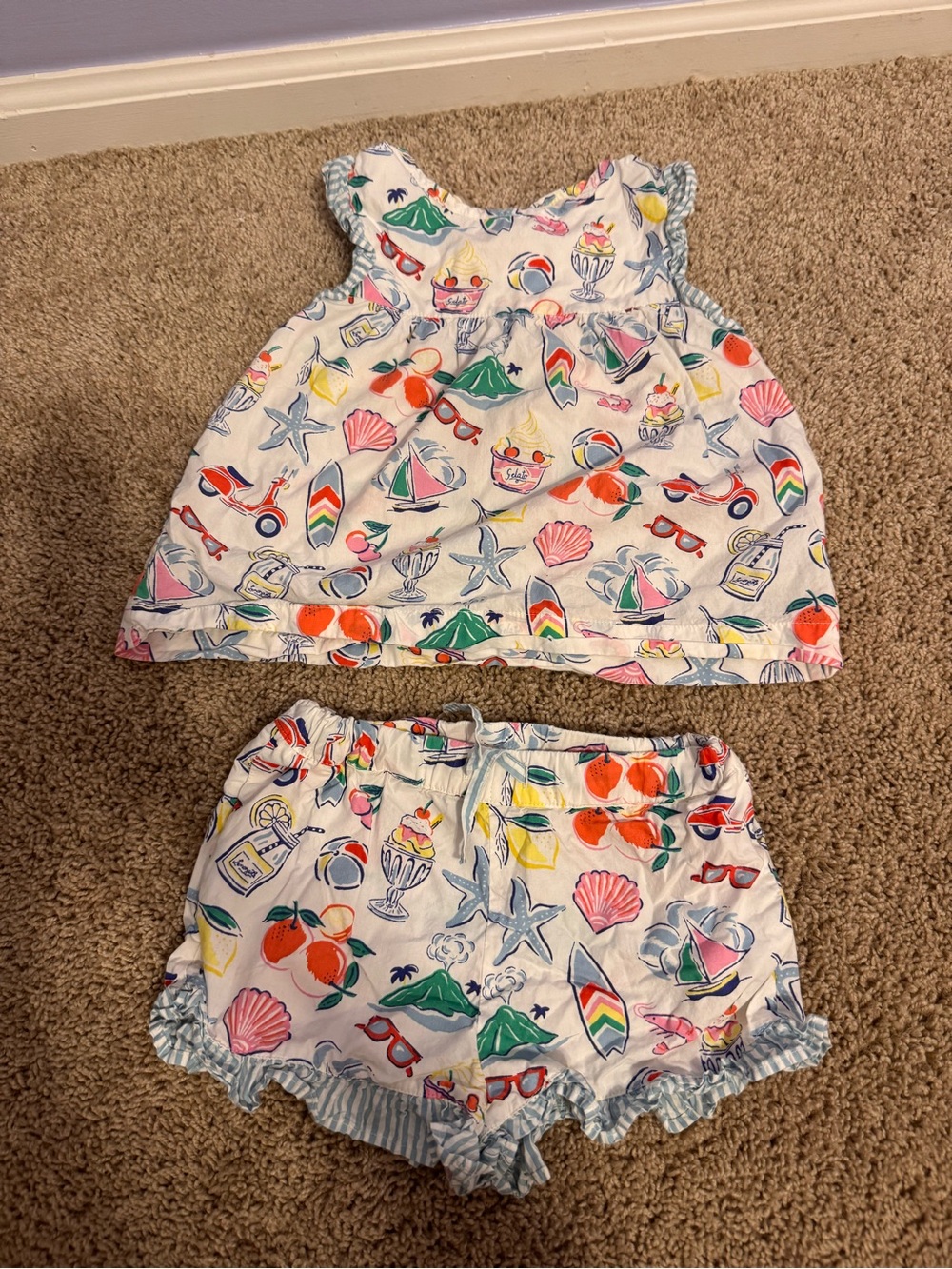Mini Boden White Two-Piece Beach Print Top & Shorts